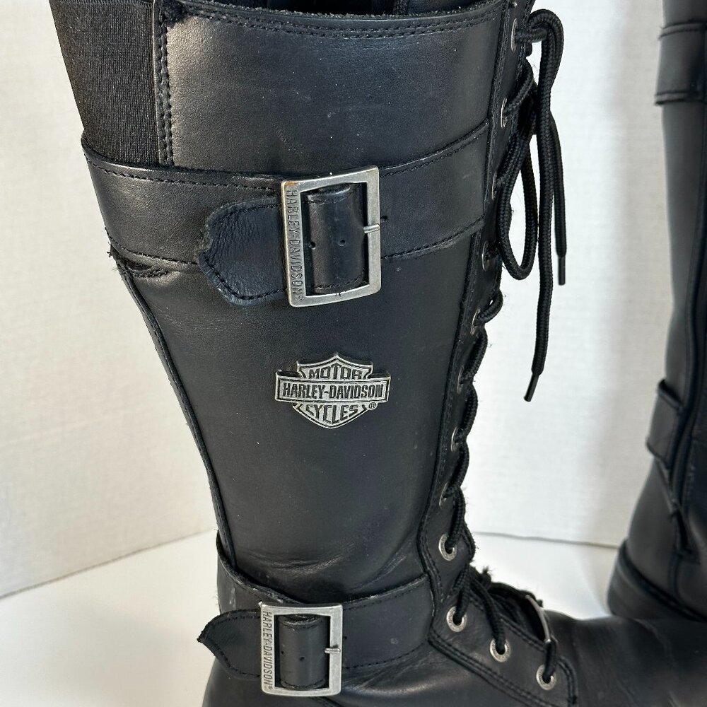 Harley-Davidson Black Leather Lace-Up Buckle Heeled Motorcycle Boots - Picture 8 of 16